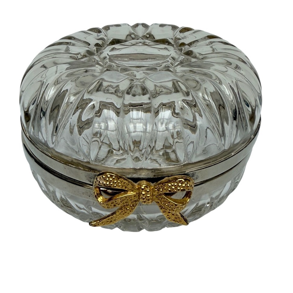 Vintage Jewelry Box Cut Crystal Glass Trinket Small Clear Gold Bow Hinged